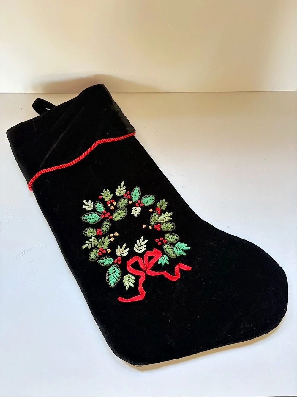 Waverly Black Red Velvet Velour Christmas Stocking Embroidered Wreath Ribbon